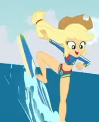 Size: 1324x1629 | Tagged: safe, screencap, applejack, blue crushed, equestria girls, g4, my little pony equestria girls: better together, barefoot, clothes, cropped, feet, female, geode of super strength, legs, magical geodes, solo, surfboard, surfing, swimsuit, wave