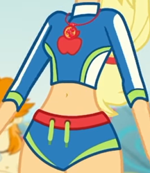 Size: 1258x1459 | Tagged: safe, screencap, applejack, blue crushed, equestria girls, equestria girls series, belly button, boobshot, breasts, clothes, cropped, female, geode of super strength, jewelry, magical geodes, necklace, pictures of chests, solo, swimsuit