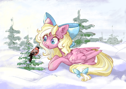 Size: 1920x1363 | Tagged: safe, artist:shore2020, oc, oc only, oc:bay breeze, bird, bullfinch, pegasus, pony, bow, cute, female, hair bow, mare, open mouth, prone, sketch, snow, solo, tail bow, tree, winter