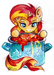 Size: 770x1063 | Tagged: safe, artist:lailyren, sunset shimmer, pony, unicorn, g4, female, food, pasta, solo, spaghetti