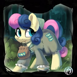 Size: 1889x1889 | Tagged: safe, artist:oofycolorful, bon bon, sweetie drops, earth pony, pony, g4, card game, crossover, female, mare, mouth hold, rags, sack, solo, the werewolves of millers hollow