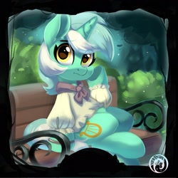 Size: 1889x1889 | Tagged: safe, artist:oofycolorful, lyra heartstrings, pony, unicorn, g4, bench, clothes, crossover, eye clipping through hair, female, forest, mare, sitting, solo, the werewolves of millers hollow