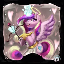 Size: 1889x1889 | Tagged: safe, artist:oofycolorful, princess cadance, alicorn, pony, g4, arrow, bow (weapon), bow and arrow, chest fluff, clothes, crossover, cupid, cupidance, female, halo, happy, heart, heart arrow, heart eyes, magic, mare, open mouth, solo, telekinesis, the werewolves of millers hollow, weapon, wingding eyes