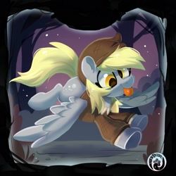 Size: 1889x1889 | Tagged: safe, artist:oofycolorful, derpy hooves, pegasus, pony, g4, :p, cap, clothes, crossover, female, flying, hat, mare, rags, solo, the werewolves of millers hollow, tongue out