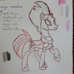 Size: 648x648 | Tagged: safe, artist:katkatdesign, tempest shadow, pony, unicorn, g4, armor, broken horn, eye scar, female, hoof shoes, horn, lineart, mare, raised hoof, reference sheet, scar, smiling, solo, traditional art