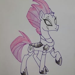 Size: 648x648 | Tagged: safe, alternate version, artist:katkatdesign, tempest shadow, pony, unicorn, g4, armor, broken horn, eye scar, female, hoof shoes, horn, lineart, mare, raised hoof, scar, smiling, solo, traditional art