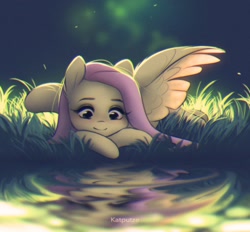 Size: 1654x1536 | Tagged: safe, artist:katputze, fluttershy, pegasus, pony, g4, chromatic aberration, cute, female, grass, looking at something, lying down, mare, prone, reflection, shyabetes, solo, water