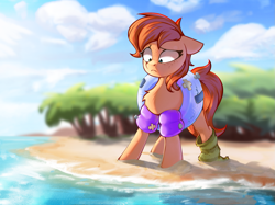 Size: 1507x1130 | Tagged: safe, artist:rexyseven, oc, oc only, oc:rusty gears, earth pony, pony, armband, beach, chest fluff, clothes, cute, ears back, earth pony oc, featured image, female, floaty, frown, heterochromia, inflatable, inflatable armbands, inner tube, looking down, mare, ocean, pool toy, scared, scenery, shrunken pupils, socks, solo, striped socks, tree, water, water wings