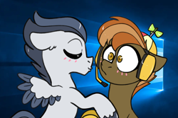 Size: 1200x800 | Tagged: safe, artist:northernlightsone, button mash, rumble, earth pony, pegasus, pony, g4, alternate hairstyle, blushing, colored wings, colored wingtips, controller, eyes closed, gay, hat, headset, imminent kissing, kissing, male, older, older button mash, older rumble, propeller hat, ship:rumblemash, shipping, stallion, surprised, unshorn fetlocks