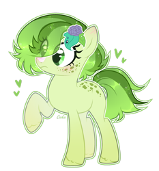 Size: 2366x2535 | Tagged: safe, artist:mint-light, oc, oc only, earth pony, pony, earth pony oc, eye clipping through hair, eyelashes, flower, flower in hair, freckles, heart, high res, raised hoof, simple background, solo, transparent background