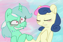 Size: 1280x849 | Tagged: safe, artist:losemeh, bon bon, lyra heartstrings, sweetie drops, earth pony, pony, unicorn, g4, alternate hairstyle, blushing, canon ship, couple, eyes closed, female, heart eyes, holding hooves, hoof hold, lesbian, looking at each other, mare, ship:lyrabon, shipping, short hair, smiling, wingding eyes
