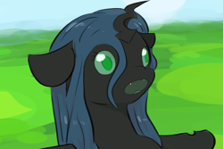 Size: 1283x859 | Tagged: source needed, safe, artist:testostepone, queen chrysalis, changeling, changeling queen, espurr, g4, colored sketch, female, filly, filly queen chrysalis, meme, pokémon, simple background, surprised, surprised pikachu, younger