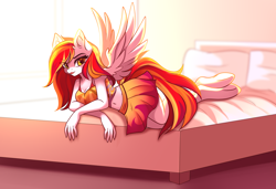 Size: 2712x1853 | Tagged: safe, artist:airiniblock, artist:imbrina, oc, oc only, oc:diamond sun, pegasus, anthro, unguligrade anthro, rcf community, adorasexy, bed, clothes, collaboration, commission, cute, female, mare, pegasus oc, sexy, solo, wings, ych result