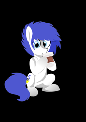 Size: 481x680 | Tagged: safe, artist:samsailz, oc, oc only, oc:isaac pony, earth pony, pony, black background, blue eyes, blue mane, blushing, cup, cute, looking at you, male, photo, simple background, sitting, solo