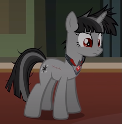 Size: 601x608 | Tagged: safe, alternate version, twilight sparkle, pony, unicorn, the folly of celestia, g4, alicorn amulet, corrupted twilight sparkle, fan animation, gray, messy mane, messy tail, red eyes, ripped wing, scar, scarred, solo, spoiler, stitches, youtube link