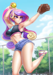 Size: 874x1250 | Tagged: safe, artist:racoonsan, edit, princess cadance, human, alternate hairstyle, anime, armpits, baseball glove, belly button, blushing, breasts, busty princess cadance, clothes, daisy dukes, female, fence, humanized, midriff, nail polish, open mouth, shoes, shorts, sneakers, softball, sports, sports bra, tree