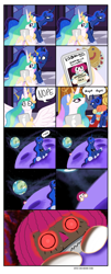 Size: 906x2233 | Tagged: safe, artist:zarohidehire, princess celestia, princess luna, alicorn, pony, equestria daily, g4, 666, annabelle, backpack, comic, doll, female, irl, mare, moon, nope, nope nope nope nope nope nope, photo, question mark, royal sisters, sisters, tablet, toy