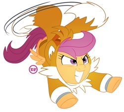 Size: 1000x904 | Tagged: safe, artist:nanook123, scootaloo, pegasus, pony, g4, clothes, cosplay, costume, crossover, cute, cutealoo, female, filly, flying, grin, kigurumi, male, miles "tails" prower, motion lines, scootaloo can fly, simple background, smiling, solo, sonic the hedgehog (series), tail, tailcopter, white background