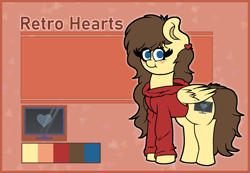 Size: 1772x1229 | Tagged: safe, artist:retro_hearts, oc, oc:retro hearts, pegasus, pony, clothes, color palette, cutie mark, ear piercing, female, freckles, hoodie, mare, piercing, reference sheet, smiling