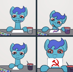 Size: 807x805 | Tagged: safe, artist:tsswordy, oc, oc only, comic, communism, hammer and sickle, happy, looking at you, painting, soviet union, tassels