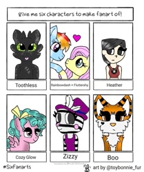 Size: 754x900 | Tagged: dead source, safe, artist:toybonnie_fur, cozy glow, fluttershy, rainbow dash, oc, oc:boo, big cat, dragon, human, pegasus, pony, tiger, zebra, anthro, g4, anthro with ponies, bedroom eyes, bust, crossover, female, filly, heart, heather, how to train your dragon, lesbian, mare, non-mlp oc, piggy (roblox), roblox, ship:flutterdash, shipping, six fanarts, smiling, toothless the dragon, total drama, total drama island, zizzy