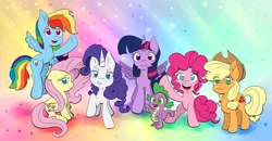 Size: 2482x1294 | Tagged: safe, artist:nedemai, applejack, fluttershy, pinkie pie, rainbow dash, rarity, spike, twilight sparkle, alicorn, earth pony, pegasus, pony, unicorn, g4, colorful, mane seven, mane six, no pupils, rainbow, twilight sparkle (alicorn)