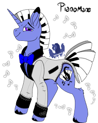 Size: 957x1200 | Tagged: safe, artist:brainiac, derpibooru exclusive, oc, oc only, oc:piano mane, pony, unicorn, birthday gift, bottomless, clothes, male, partial nudity, simple background, solo, transparent background, tuxedo, unshorn fetlocks