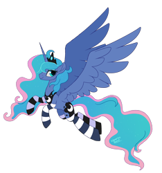Size: 3000x3200 | Tagged: safe, artist:liquorice_sweet, princess luna, alicorn, pony, g4, clothes, crown, cute, female, high res, jewelry, lunabetes, mare, profile, regalia, simple background, socks, solo, spread wings, striped socks, transparent background, wings
