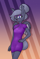 Size: 1342x1952 | Tagged: safe, artist:moonatik, oc, oc only, oc:selenite, bat pony, anthro, unguligrade anthro, bat pony oc, bat wings, cheongsam, clothes, eyeshadow, female, hair bun, hand on hip, looking at you, makeup, mare, smiling, solo, stars, tail bun, wings