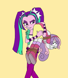 Size: 1449x1644 | Tagged: safe, artist:bugssonicx, aria blaze, sweetie belle, human, equestria girls, g4, blouse, bondage, boots, bound and gagged, carrying, cloth gag, clothes, cute, disguise, disguised siren, duo, female, femsub, gag, hairclip, headband, jacket, kidnapped, pants, pigtails, rope, scared, shirt, shoes, skirt, smiling, smirk, socks, submissive, sweetiesub, tied up, twintails, walking