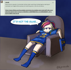 Size: 1275x1258 | Tagged: safe, artist:kprovido, rainbow dash, human, g4, american football, chair, clothes, female, foam finger, humanized, jersey, los angeles rams, nfl, socks, solo, sports
