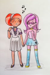 Size: 1616x2422 | Tagged: safe, artist:fude-chan-art, spoiled rich, stellar flare, equestria girls, g4, clothes, female, infidelity, lesbian, miniskirt, ship:spoiledflare, shipping, singing, skirt, traditional art