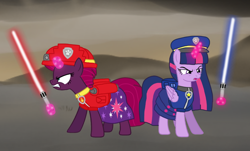 Size: 1440x870 | Tagged: safe, artist:徐詩珮, fizzlepop berrytwist, tempest shadow, twilight sparkle, alicorn, pony, unicorn, series:sprglitemplight diary, series:sprglitemplight life jacket days, series:springshadowdrops diary, series:springshadowdrops life jacket days, g4, alternate universe, angry, backpack, base used, broken horn, chase (paw patrol), clothes, cute, cutie mark, cutie mark on clothes, dress, eyelashes, female, glowing horn, hat, helmet, horn, lesbian, lightsaber, magic, mare, marshall (paw patrol), outdoors, paw patrol, paw prints, ship:tempestlight, shipping, star wars, telekinesis, tempestbetes, twiabetes, twilight sparkle (alicorn), weapon