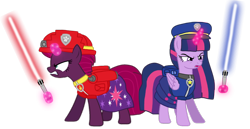 Size: 1402x724 | Tagged: safe, alternate version, artist:徐詩珮, fizzlepop berrytwist, tempest shadow, twilight sparkle, alicorn, pony, unicorn, series:sprglitemplight diary, series:sprglitemplight life jacket days, series:springshadowdrops diary, series:springshadowdrops life jacket days, g4, alternate universe, angry, background removed, backpack, base used, broken horn, chase (paw patrol), clothes, cute, cutie mark, cutie mark on clothes, dress, eyelashes, female, glowing horn, hat, helmet, horn, lesbian, lightsaber, magic, mare, marshall (paw patrol), paw patrol, paw prints, ship:tempestlight, shipping, simple background, star wars, telekinesis, tempestbetes, transparent background, twiabetes, twilight sparkle (alicorn), weapon