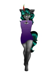 Size: 745x1024 | Tagged: safe, artist:pearl123_art, oc, oc only, changepony, hybrid, unicorn, anthro, unguligrade anthro, breasts, clothes, curved horn, female, horn, interspecies offspring, offspring, parent:king sombra, parent:queen chrysalis, parents:chrysombra, simple background, solo, unicorn oc, white background