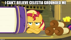 Size: 888x499 | Tagged: safe, edit, edited screencap, editor:twi clown, screencap, sunset shimmer, pony, unicorn, equestria girls, equestria girls specials, g4, my little pony equestria girls: better together, my little pony equestria girls: forgotten friendship, angry, book, caption, crossed arms, crossed hooves, cute, female, fire, fireplace, grounded, image macro, imgflip, madorable, mare, meme, scroll, shimmerbetes, solo, sunset shimmer is not amused, text, unamused, unhappy