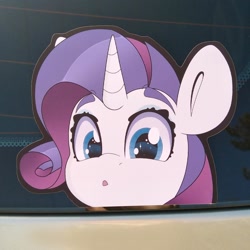 Size: 1588x1588 | Tagged: safe, artist:partypievt, rarity, pony, unicorn, g4, anime, bumper sticker, car, chibi, craft, cute, etsy, eyebrows, female, ford focus, head only, irl, looking at you, mare, peeker, peeking, photo, raribetes, solo, sticker