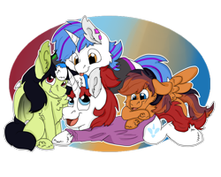 Size: 2500x2000 | Tagged: safe, artist:euspuche, oc, oc only, oc:autumn (darky) nights, oc:isolated incident, oc:maple, oc:valiant heart, bat pony, pegasus, pony, unicorn, clothes, cuddle puddle, cuddling, cute, happy, high res, piercing, pony pile, simple background, sweater, tongue out, transparent background
