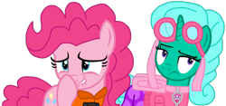 Size: 2156x1012 | Tagged: safe, alternate version, artist:徐詩珮, glitter drops, pinkie pie, earth pony, pony, unicorn, series:sprglitemplight diary, series:sprglitemplight life jacket days, series:springshadowdrops diary, series:springshadowdrops life jacket days, g4, alternate universe, background removed, backpack, clothes, cute, diapinkes, dress, duo, eyelashes, female, frown, glitter drops is not amused, glitterbetes, goggles, lifejacket, lip bite, mare, paw patrol, raised hoof, simple background, skye (paw patrol), smiling, transparent background, unamused, vector