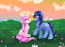Size: 2000x1433 | Tagged: safe, artist:monsoonvisionz, oc, earth pony, pony, unicorn, chest fluff, cloud, colored pupils, commission, ear fluff, eye contact, female, field, floral head wreath, flower, fluffy, grass, leg fluff, levitation, lidded eyes, looking at each other, magic, male, mare, oc x oc, open mouth, raised hoof, shading, shipping, shoulder fluff, smiling, stallion, straight, telekinesis