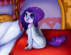 Size: 1280x990 | Tagged: safe, artist:fluffleart, rarity, anthro, g4, bed, bedroom, breasts, clothes, female, looking at you, looking back, looking back at you, looking over shoulder, nightgown, solo