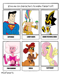 Size: 3000x3582 | Tagged: safe, artist:normalphantasm, fluttershy, gem (race), human, kangaroo, koopa, pegasus, pony, robot, anthro, g4, spoiler:steven universe, anthro with ponies, crossover, dc comics, diamond, female, gem, high res, lemmy koopa, male, mare, pink diamond, pink diamond (steven universe), shard the metal sonic, sheila (spyro), six fanarts, sonic the hedgehog (series), spoilers for another series, spyro the dragon (series), steven universe, super mario bros., superman