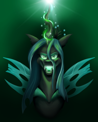 Size: 1600x2000 | Tagged: safe, artist:lordofthefeathers, queen chrysalis, changeling, changeling queen, g4, bust, crown, female, glowing eyes, glowing horn, glowing mouth, green background, horn, jewelry, open mouth, portrait, regalia, simple background, solo, speedpaint available, spread wings, wings