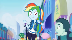 Size: 1273x720 | Tagged: safe, screencap, fleur-de-lis, ginger owlseye, mint chip, rainbow dash, equestria girls, g4, my little pony equestria girls: better together, run to break free, background human, clothes, cute, dashabetes, female, food, geode of super speed, ice cream, magical geodes, pose, smiling, wristband