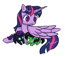 Size: 3196x2764 | Tagged: safe, artist:fluffleart, twilight sparkle, oc, oc:filly anon, oc:nyx, alicorn, earth pony, pony, g4, colored pupils, female, filly, high res, simple background, twilight sparkle (alicorn), white background, wing shelter