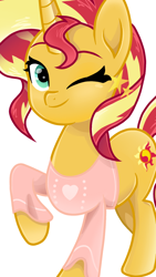 Size: 1080x1920 | Tagged: safe, artist:sallyso, sunset shimmer, pony, unicorn, g4, clothes, female, mare, movie accurate, one eye closed, raised hoof, simple background, solo, white background, wink