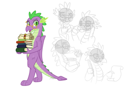 Size: 2893x2039 | Tagged: safe, artist:camo-pony, derpibooru exclusive, spike, dragon, g4, book, glasses, high res, male, older, older spike, quill, scroll, simple background, sketch, solo, white background, winged spike, wings