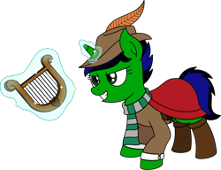 Size: 1759x1350 | Tagged: safe, artist:peternators, oc, oc only, oc:lupi, pony, unicorn, bard, boots, cape, clothes, fantasy class, feather, female, harp, hat, levitation, magic, mare, musical instrument, scarf, shoes, simple background, smiling, smirk, solo, telekinesis, transparent background, two toned mane, two toned tail