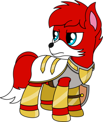 Size: 1022x1215 | Tagged: safe, artist:peternators, oc, oc only, oc:two-tailed derpy, earth pony, fox, fox pony, hybrid, original species, pony, armor, bracer, cape, clothes, fantasy class, knight, male, paladin, shield, shoes, simple background, solo, stallion, transparent background, warrior