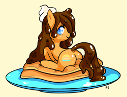 Size: 5131x3903 | Tagged: safe, artist:fluffleart, oc, oc only, food pony, original species, pony, butt, female, food, looking at you, looking back, looking back at you, pancakes, plate, plot, ponified, simple background, solo, yellow background